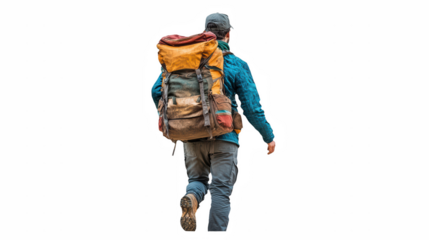 a man with a backpack carrying a back pack walking in the dark on a transparent background, PNG image, PNG file, Generative art.