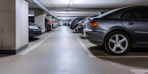 Car parking in an underground garage with cars parked in spaces, a gray, silver, and black color scheme, a parking lot, an underground car park with lighting and white walls