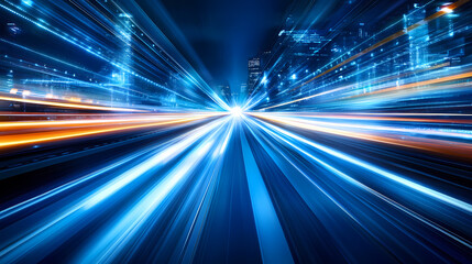 Obraz premium City Lights: A captivating image of a city bathed in radiant beams of light. The dynamic interplay of light trails in a city, symbolizing motion and the forward march of technology and transport. 