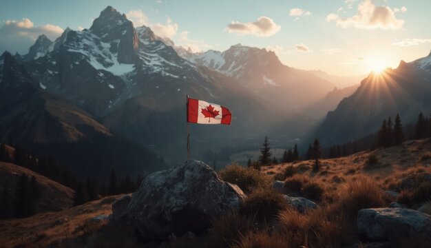 A Canadian flag waving atop a rocky peak with sun rays piercing the valley background evoking strong patriotic vibes for Canada Day in a dramatic mountain setting