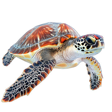 A close up shot of a sea turtle with a patterned shell on a black background