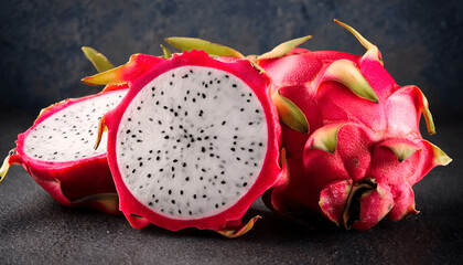 Beautiful fresh sliced red and white dragon fruit. empty background