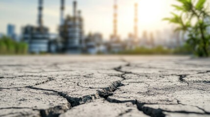 Obraz premium Cracked earth with fading tree shadows and distant industry, symbolizing nature's decline under human influence 