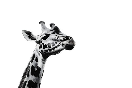 Giraffe Portrait: Monochrome, Elevated View, Distinct Spots, Isolated on White.