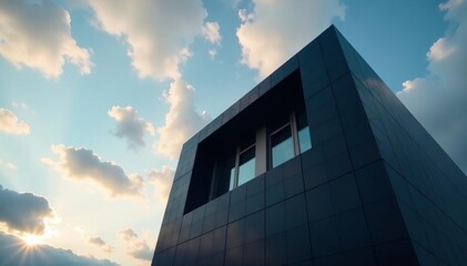 Modern black architectural building with sleek geometric facade against dramatic cloudy sky, structure, sky, design