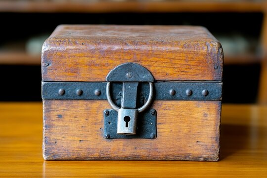 A vintage wooden trunk locked with a heavy iron padlock, sitting in a dusty old library