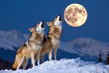 A wolf pack (Canidae family) howling together on a snowy mountaintop under the full moon