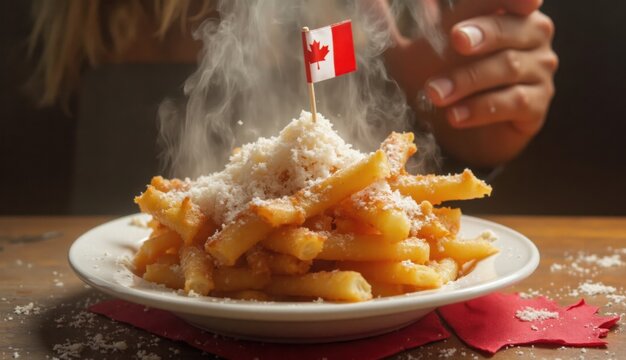A plate of golden fries generously dusted with grated cheese sits steaming on a table, decorated with a small Canadian flag toothpick during a Canada Day meal. - Powered by Adobe
