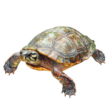 A detailed image of a turtle with a patterned shell against a black background