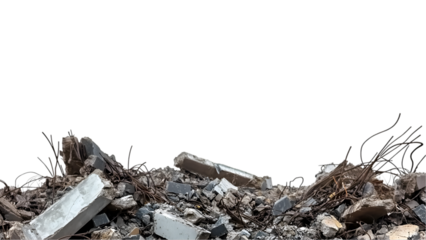 Concrete rubble and twisted metal debris after demolition destruction