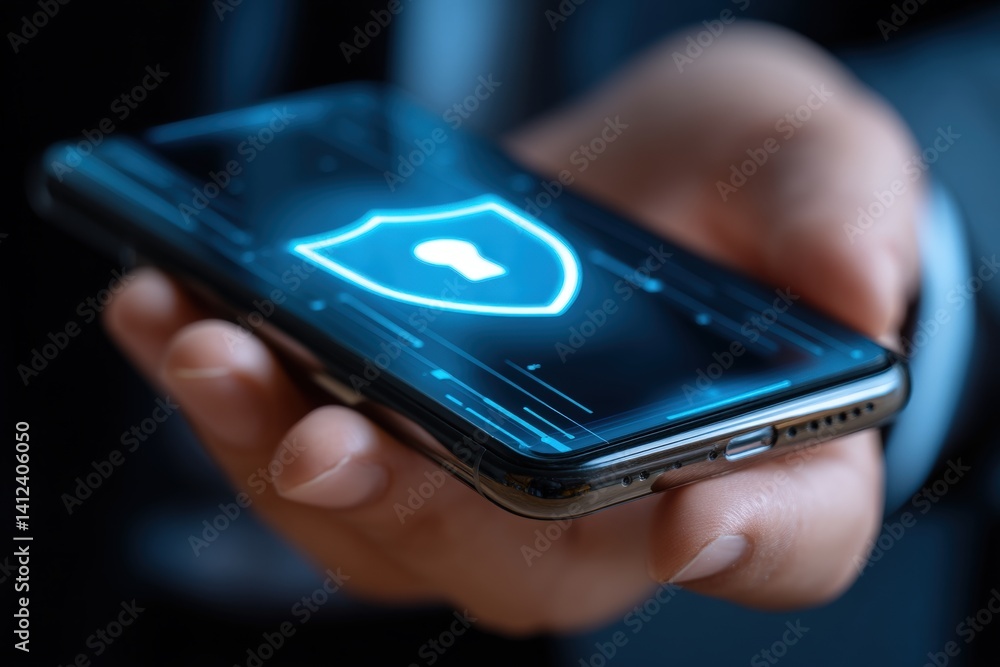 Poster a close-up of a hand holding a smartphone displaying a digital shield icon, symbolizing cybersecurit