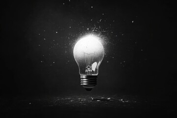 Glowing Lightbulb Exploding Bright Idea Concept Photography Black Background dark power spark flash 