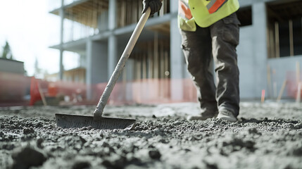 Construction worker manually leveling ground with a rake at a residential site. Highlighting groundwork preparation