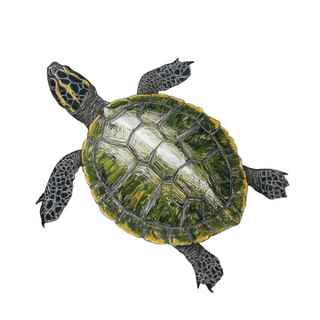 Overhead view of a green sea turtle swimming in a dark black water background