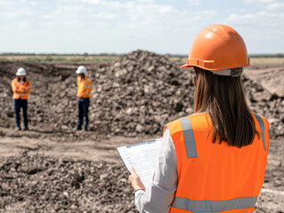 Construction site with workers in helmets discussing safety and project details.