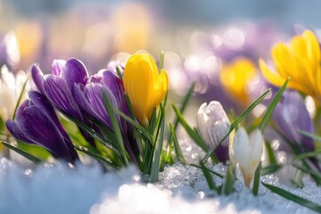 Fototapeta premium Vibrant Yellow and Purple Crocuses Blooming in Snow - Realistic Spring Floral Scene with Shallow Depth of Field.