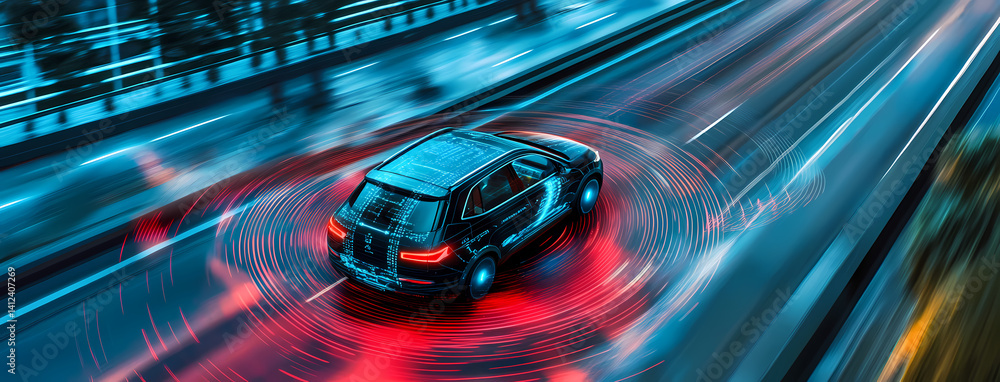 Poster advanced autonomous car on highway: a futuristic, self-driving car navigates a highway, highlighting