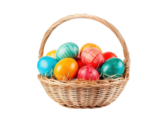 red, yellow and blue hand-painted easter eggs in brown easter basket isolated on white or transparent png