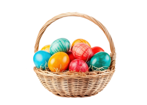 red, yellow and blue hand-painted easter eggs in brown easter basket isolated on white or transparent png