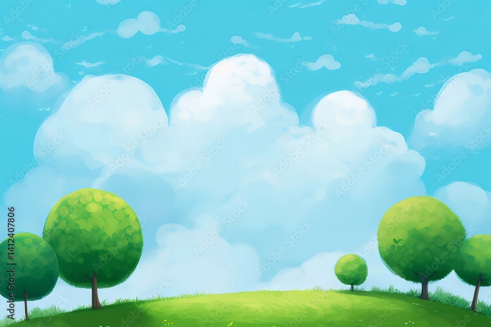 Poster 緑豊かな草地と丸い木々 輝く青空とふわふわの白い雲の風景