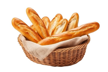 basket of baguettes isolated on white or transparent png