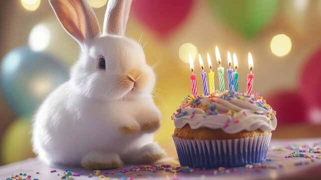 Bunny's Birthday Bash: A cute white bunny celebrates its birthday with a colorful cupcake adorned with lit candles, amidst a festive scene of balloons and soft bokeh lights.