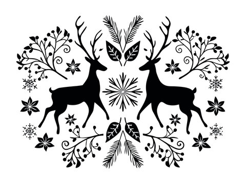Vector hand-drawn illustration of animals in Nordic style hygge. Silhouette of a deer in a floral pattern in a folk Scandinavian style
