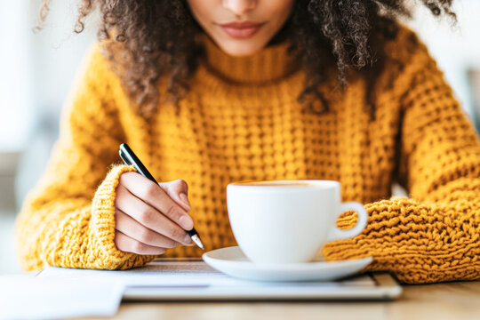 Cozy scene of a woman in a yellow sweater writing beside a cup of coffee.