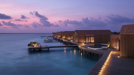 Obraz premium Tropical sunset overwater villas, ocean, luxury resort