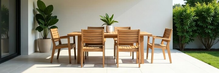 Modern teak garden table and chairs set in minimalist design, nature, outdoor furniture, relaxation