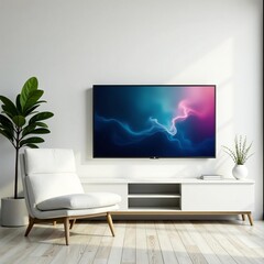 Modern white living room corner with plush armchair and flat screen TV, home, interior, relaxation