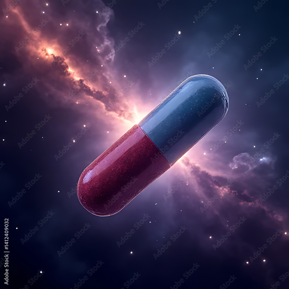 Poster cosmic capsule floating in space vibrant universe digital art sci-fi concept close-up view