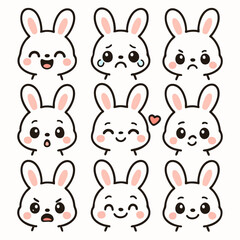 Set of nine adorable kawaii baby bunny faces with different emotions