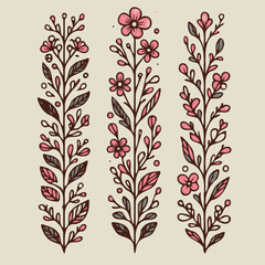 Set of outline sakura, doodle floral. Hand drawn spring Botanical drawing. Detailed line art illustration. Simple Stylized Art flowers. Elegant Black and White Cherry blossom branch.