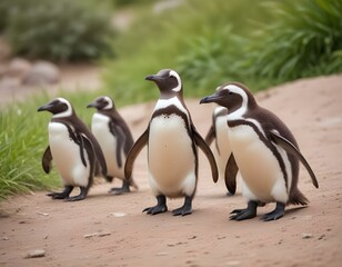 Obraz premium Cute brown penguins walking in a natural park. selective focus.