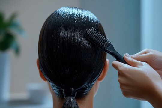 A female hairdresser's mid section is shown as she straightens the hair of a female customer at the salon