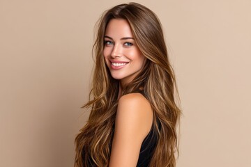 Naklejka premium The concept of hair care and coloring is depicted by a blonde woman on a gray background, showcasing a wavy hairstyle that can be copied and replicated