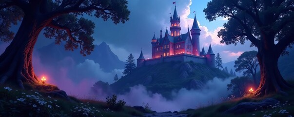 Mystical setting with an ancient castle surrounded by magical lights in an enchanted forest, ancient, fairytale, castle