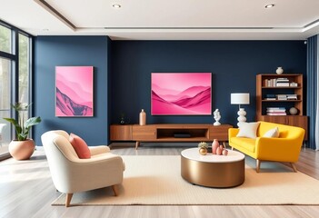Navy armchair, pink artwork, modern living room, sleek design, cozy, minimalist
