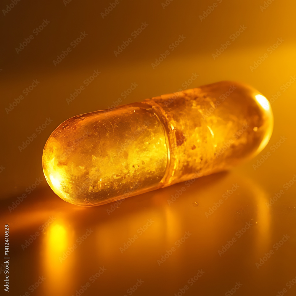 Poster golden capsule close-up laboratory setting macro photography illuminated environment conceptual art