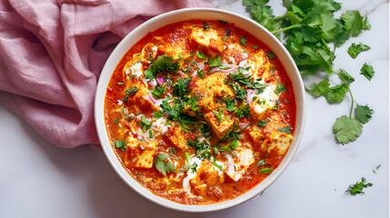 Paneer Butter Masala in Single Serving Bowl with Garnish on White Background