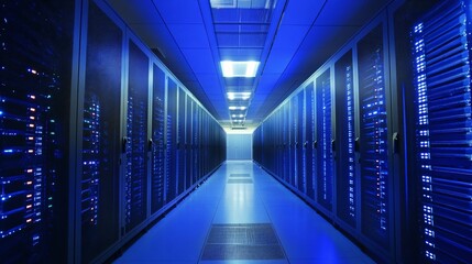 Server room with rows of computer servers illuminated in blue light.