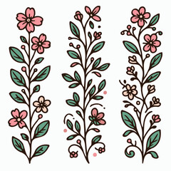 Set of outline sakura, doodle floral. Hand drawn spring Botanical drawing. Detailed line art illustration. Simple Stylized Art flowers. Elegant Black and White Cherry blossom branch.