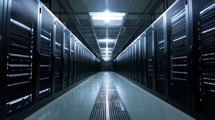 Fototapeta premium Server room with rows of computer servers and bright overhead lighting.