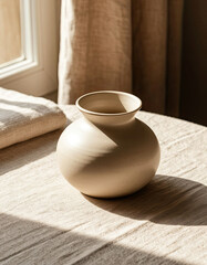 Flat Lay of a Minimalist Ceramic Jug on Linen Tablecloth