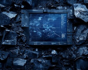 Futuristic tablet in dark rocky environment