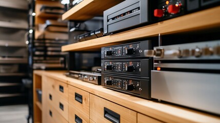 Fototapeta premium Audio equipment is displayed on wooden shelves and cabinets in a room.
