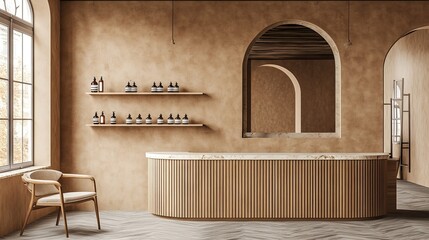 This contemporary salon boasts a beige interior and a sleek reception desk, providing an upscale environment for hairdressing and beauty treatments