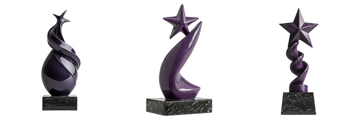 Png of Three elegant purple abstract sculptures on black bases, showcasing artistic swirling designs and star motifs.
