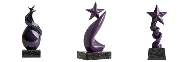 Png of Three elegant purple abstract sculptures on black bases, showcasing artistic swirling designs and star motifs.